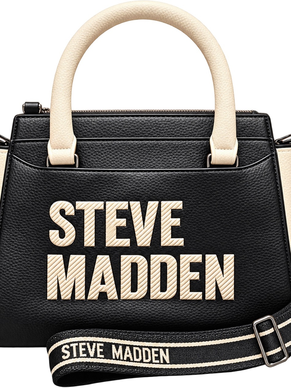 Steve Madden Black and Cream Logo Satchel with Signature Strap